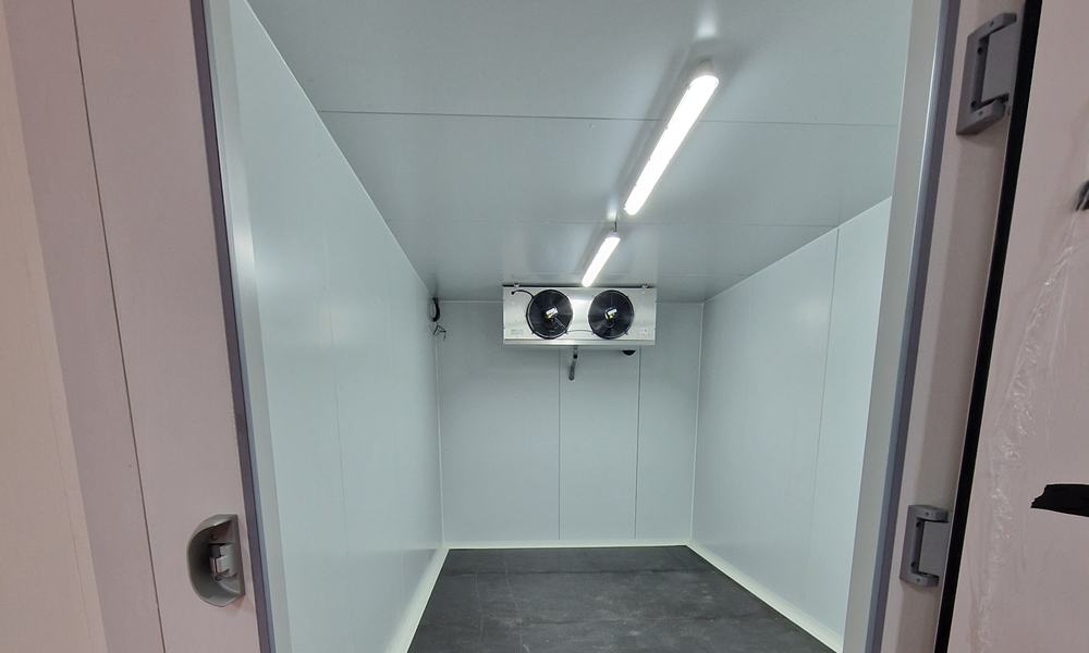 Chambre froide négative terminée : parois isolées, sol antidérapant et évaporateur à deux ventilateurs